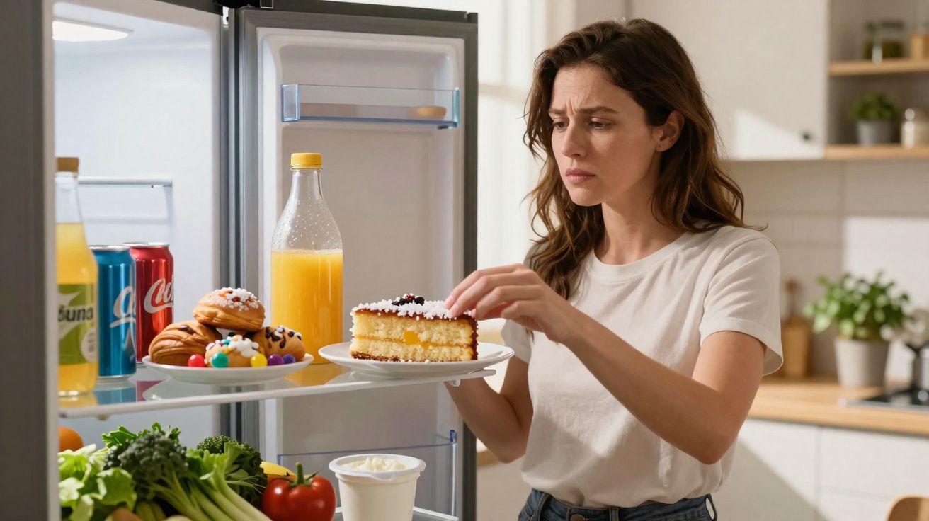 Mulher com expressão preocupada segurando fatia de bolo perto da geladeira aberta na cozinha.