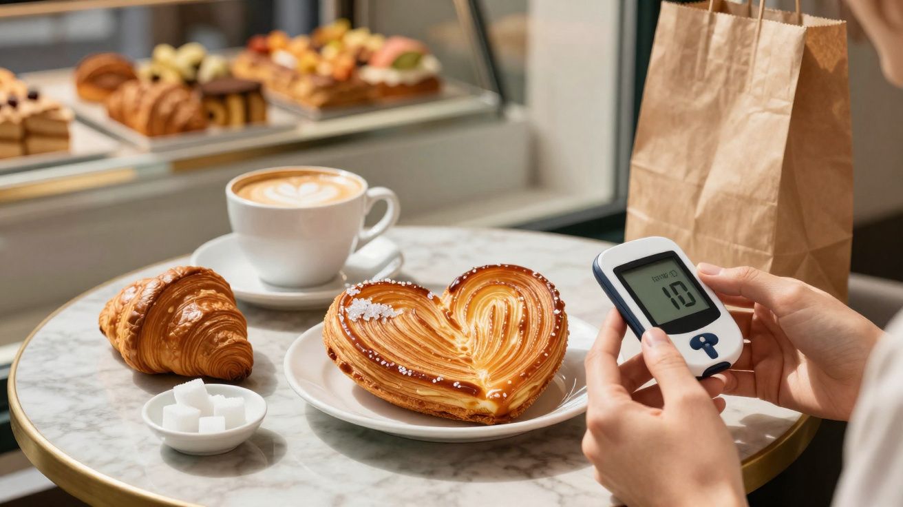 Mesa de café com croissant, doce em formato de coração, xícara de café e medidor de glicose nas mãos.