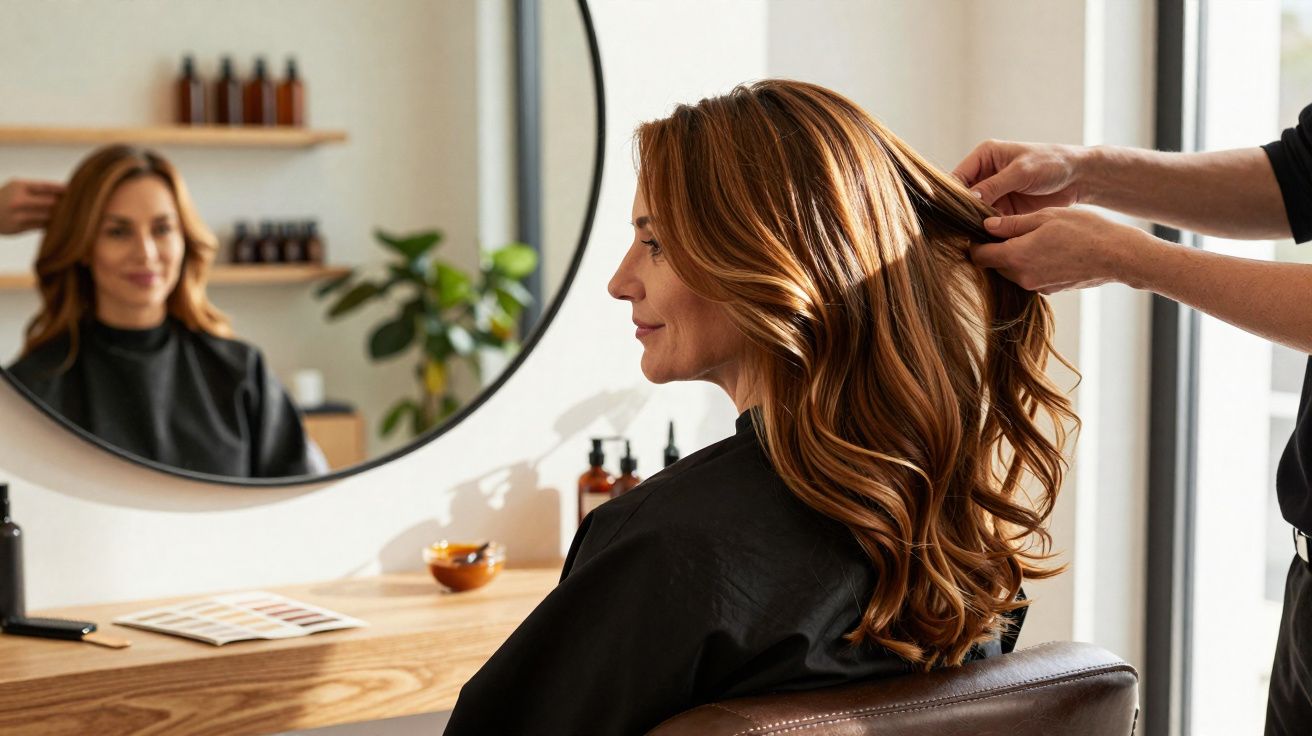 Mulher com cabelo longo sendo penteada em salão de beleza, refletida em espelho circular.