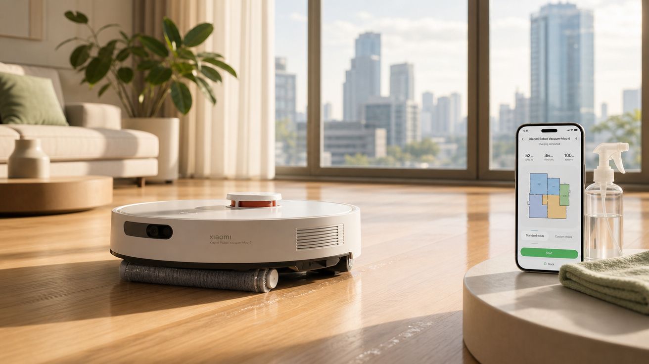 Robô aspirador Xiaomi limpando chão de madeira em sala de estar moderna com celular mostrando app de controle.