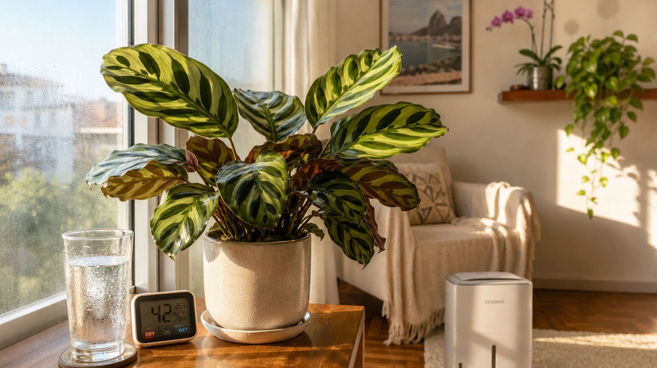 Planta em vaso sobre mesa ao lado de copo d’água e higrômetro, com sala iluminada ao fundo.