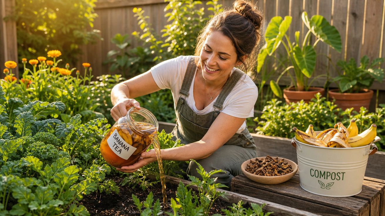 Mulher regando plantas em horta com chá de banana, com balde de compostagem ao lado em jardim ensolarado.