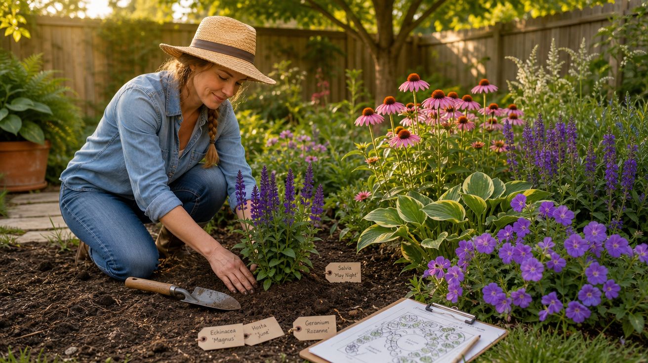 Mulher com chapéu plantando flores roxas em jardim com etiquetas e prancheta ao lado.