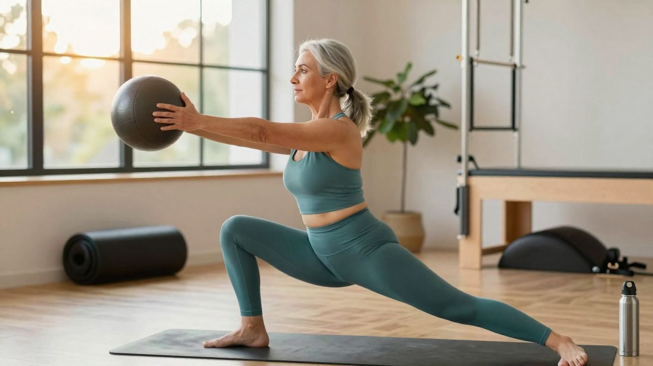 Mulher madura faz exercício de alongamento segurando bola em estúdio com luz natural.