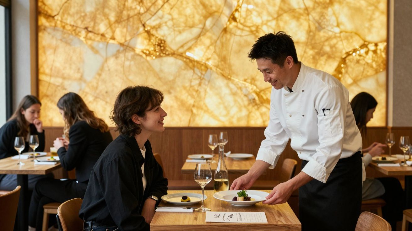 Garçom servindo prato para cliente sorridente em restaurante elegante com decoração iluminada.