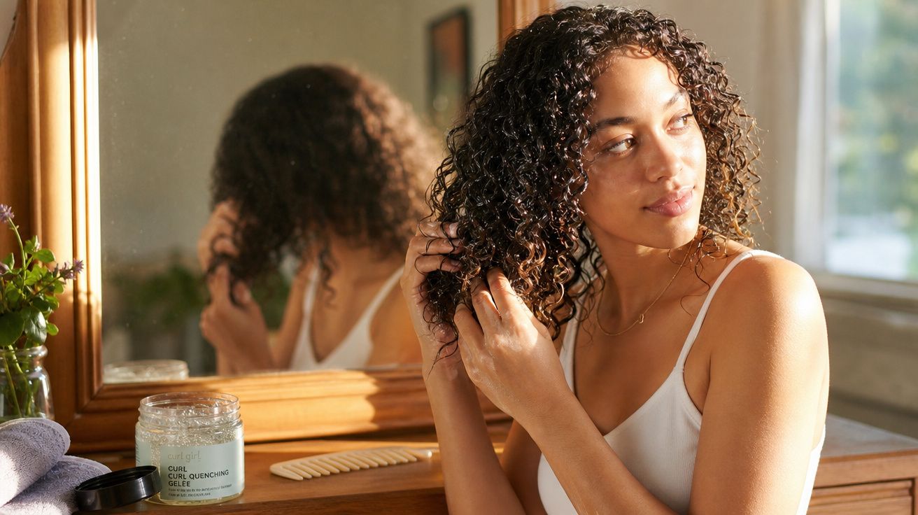 Mulher cuidando do cabelo cacheado em frente ao espelho, com produto hidratante e pente sobre a mesa.