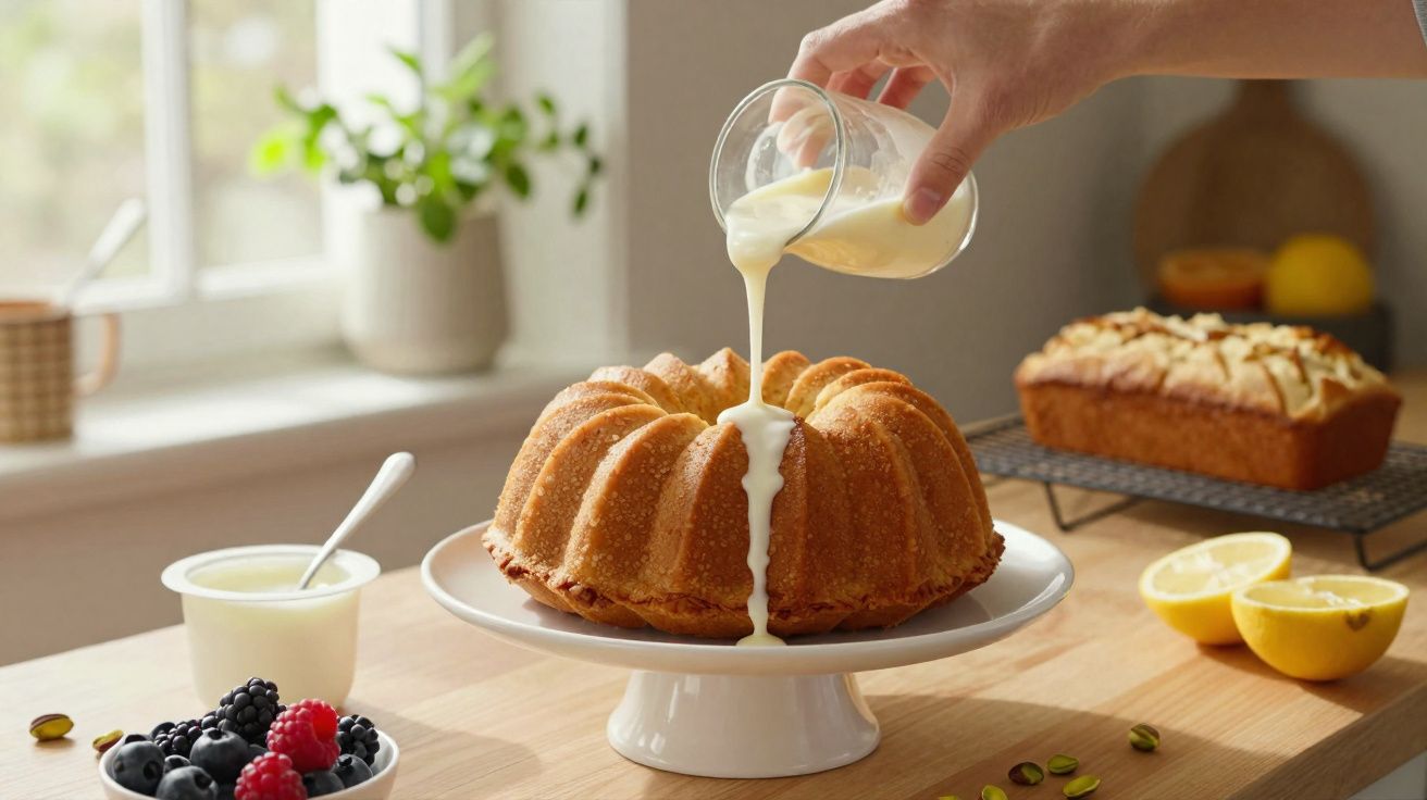 Bolo de fubá em prato branco com calda sendo derramada, frutas vermelhas, iogurte e limões à mesa.