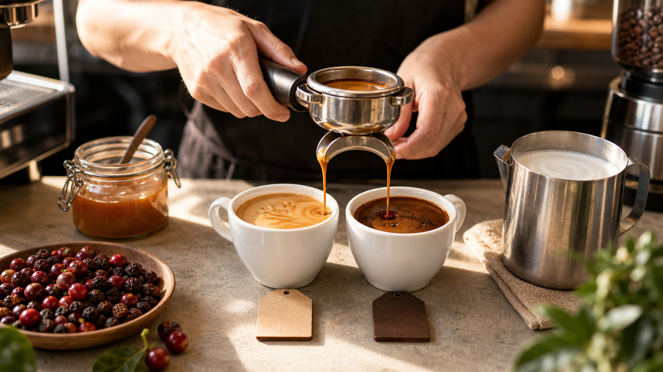 Pessoa preparando duas xícaras de café, extraindo o café expresso com equipamento profissional.