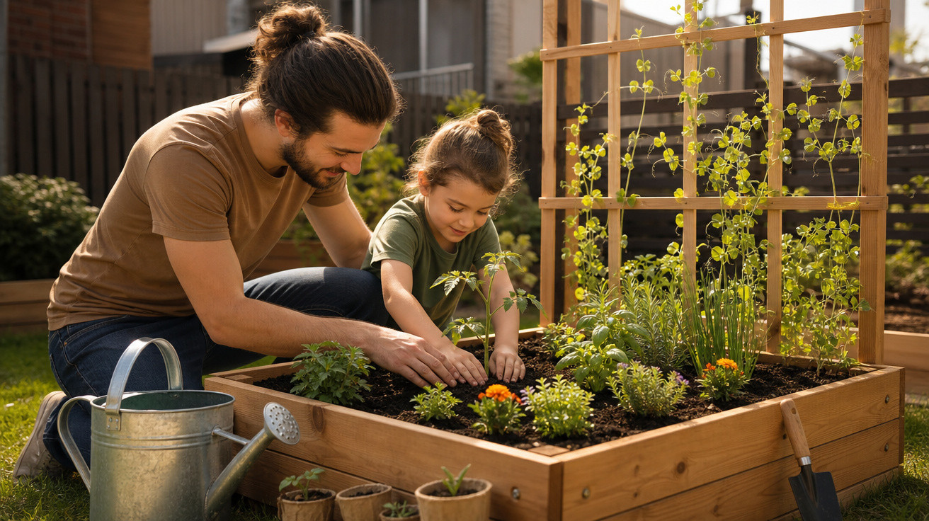 Pai e filha cuidando de plantas em canteiro elevado de madeira em jardim ensolarado.
