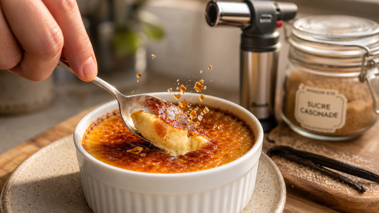 Colher tirando camada crocante de crème brûlée em ramequim branco, ao lado de açúcar mascavo e baunilha.