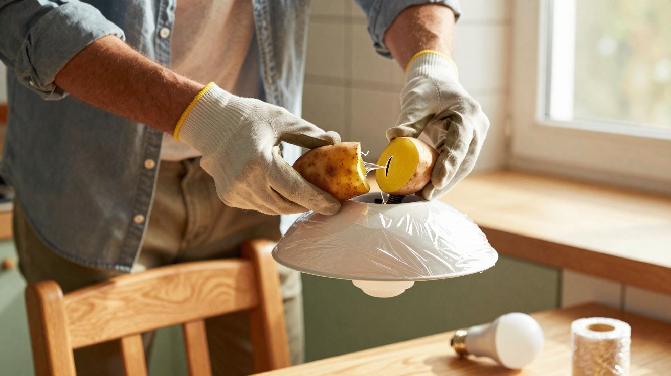 Pessoa segurando uma batata cortada ao meio para usar em lâmpada reutilizável caseira com luvas.