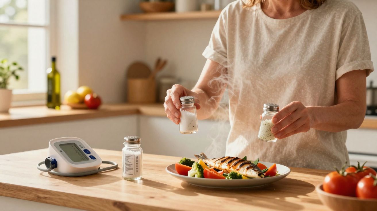 Pessoa temperando prato com peixe grelhado e legumes em cozinha iluminada, com medidor de pressão arterial na mesa.