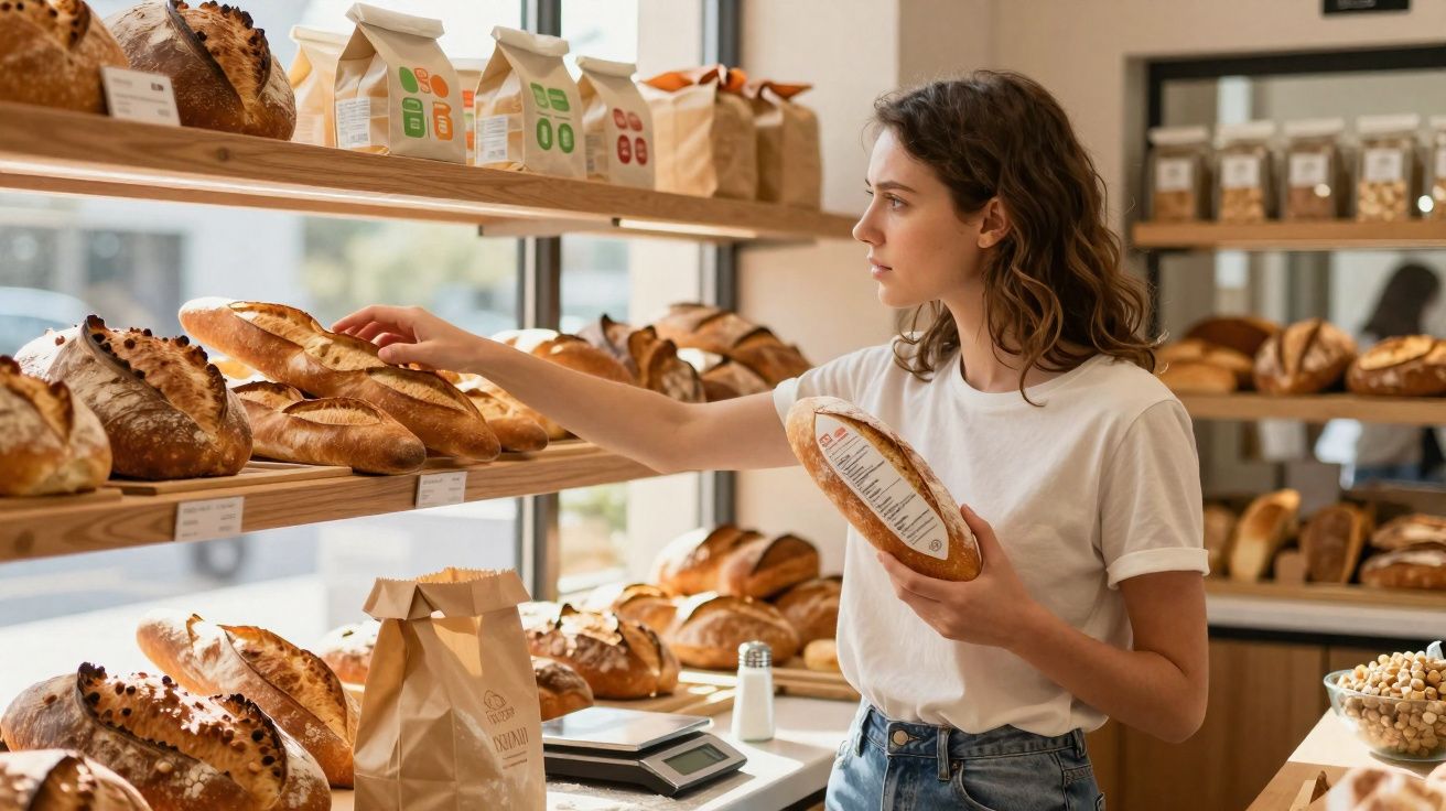 Mulher escolhendo pão em padaria com diversas opções na prateleira e embalagens de pão ao redor.