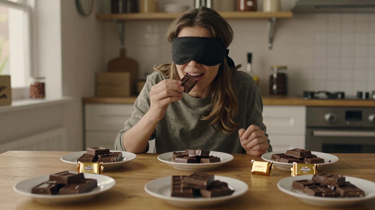 Mulher vendada experimenta pedaço de chocolate com várias porções em pratos sobre a mesa.