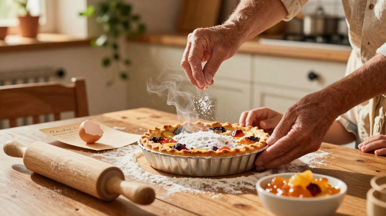 Pessoa polvilhando açúcar de confeiteiro em torta de frutas na cozinha ensolarada.