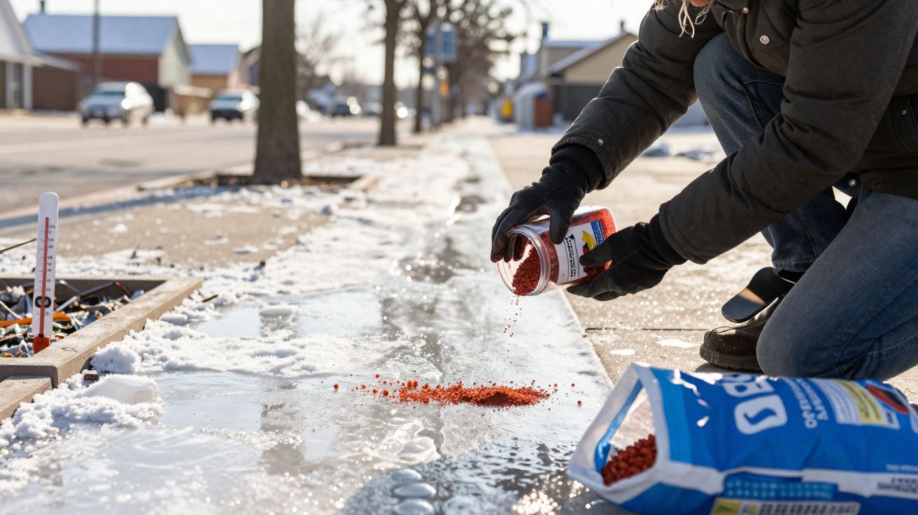 Pessoa espalhando sal grosso vermelho no chão congelado com neve ao redor em um bairro residencial.