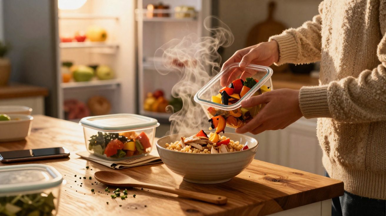 Pessoa servindo salada fresca em tigela com vapor quente em cozinha iluminada e organizada.