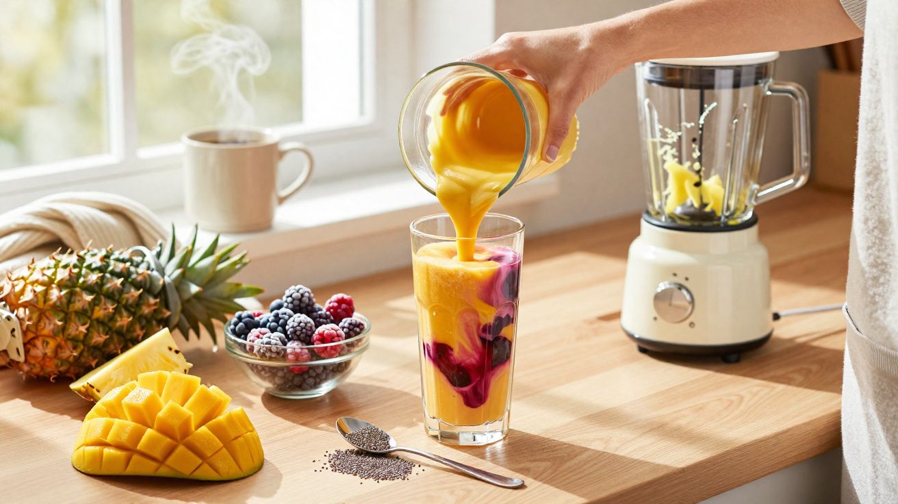 Pessoa despejando suco de manga e frutas vermelhas num copo, com liquidificador e frutas frescas na mesa.