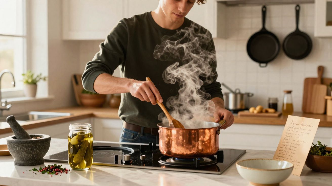 Pessoa mexendo comida em panela de cobre com vapor na cozinha moderna iluminada por luz natural