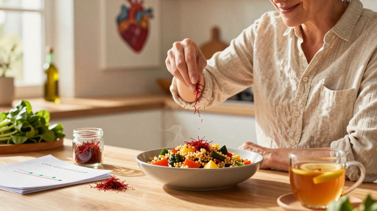 Pessoa adiciona especiaria em salada colorida na cozinha, com chá de limão ao lado e janela iluminada ao fundo.