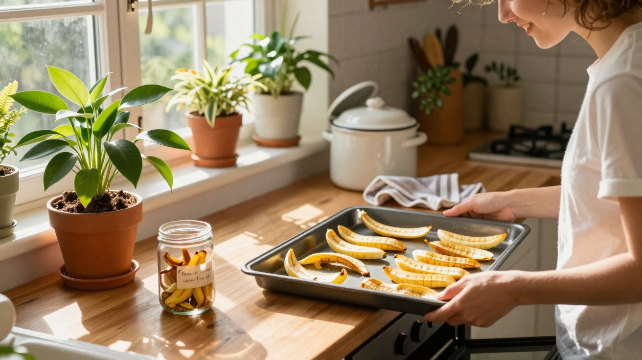 Pessoa retirando uma assadeira com banana-da-terra fatiada do forno em cozinha iluminada por janela.