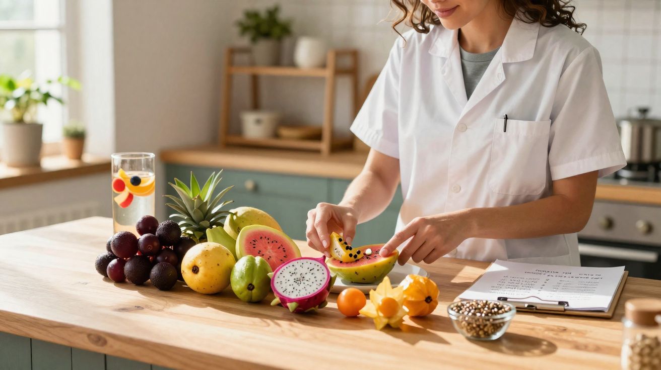 Nutricionista em jaleco branco cortando uma fruta exótica sobre mesa com frutas tropicais variadas.