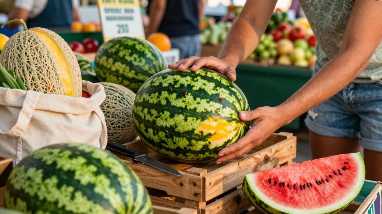 Pessoa segurando melancia em banca de feira com outras frutas ao fundo e fatia de melancia na frente.