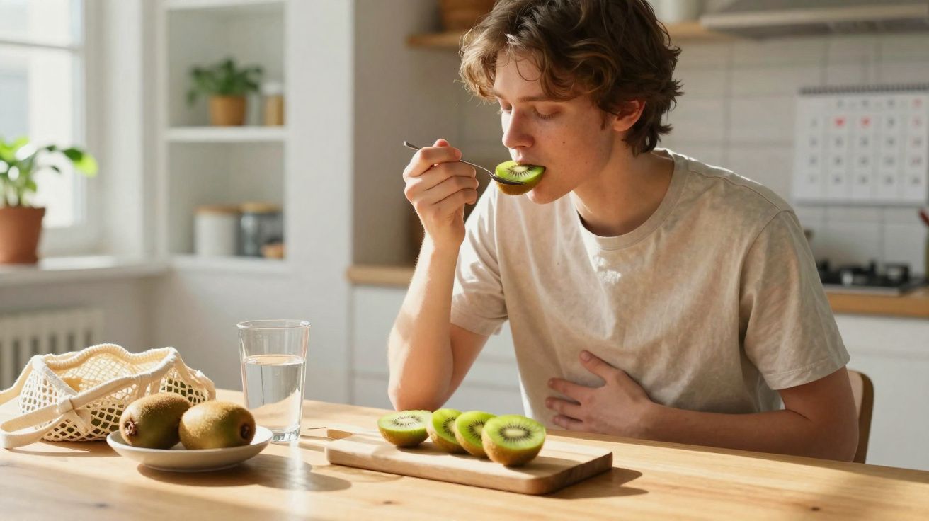 Jovem sentado à mesa comendo kiwi com colher em cozinha iluminada e objetos ao redor.