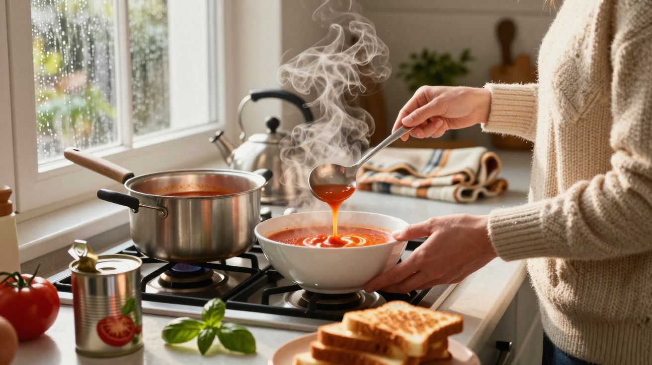 Pessoa servindo sopa quente em uma tigela na cozinha com pão, tomate e manjericão ao lado.