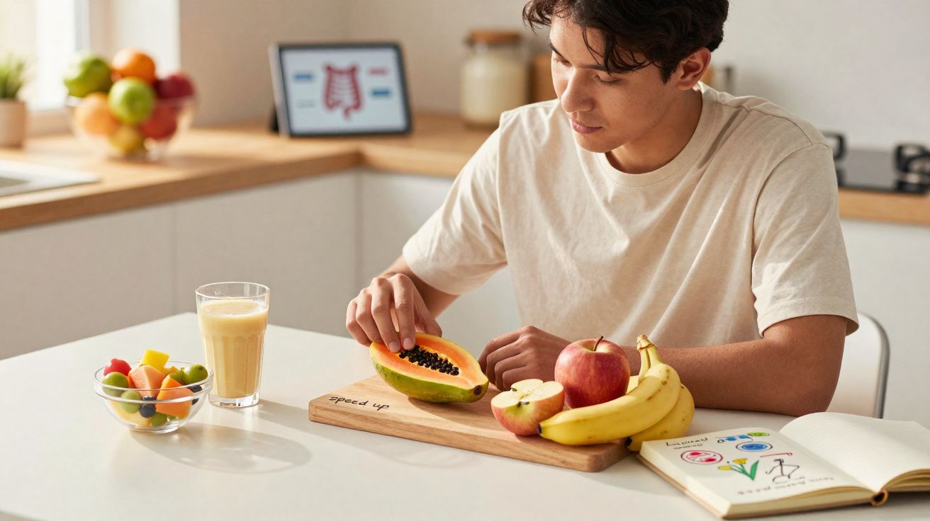 Jovem em cozinha moderna comendo mamão, frutas e suco, com livro aberto sobre nutrição na mesa.