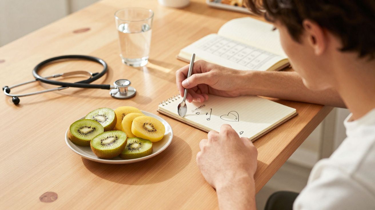 Pessoa desenhando corações em caderno, com prato de kiwis, estetoscópio e copo de água na mesa.