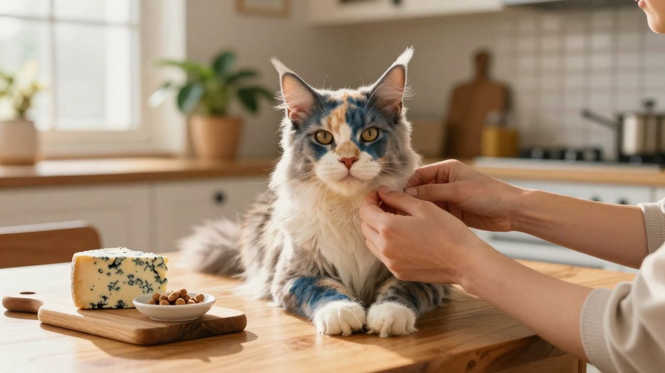 Gato Malhado com pelos longos sendo acariciado por uma pessoa em uma mesa de madeira na cozinha.
