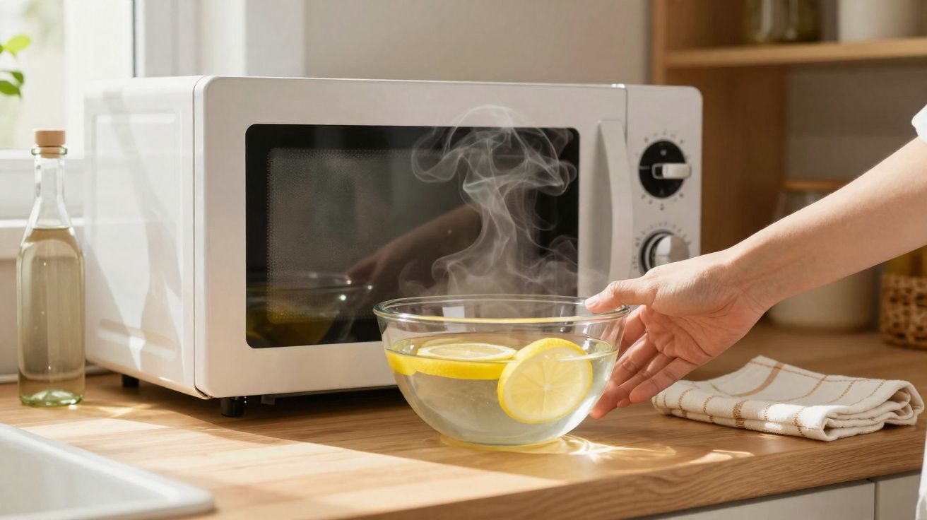 Mão retirando tigela de vidro com água e rodela de limão fumegante de micro-ondas em bancada de cozinha.