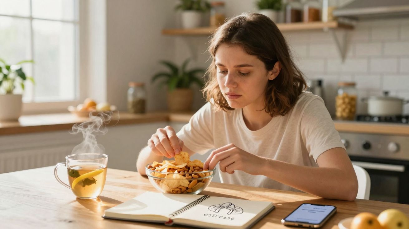 Jovem com expressão pensativa comendo salgadinhos em cozinha, ao lado de chá quente, celular e livro aberto.
