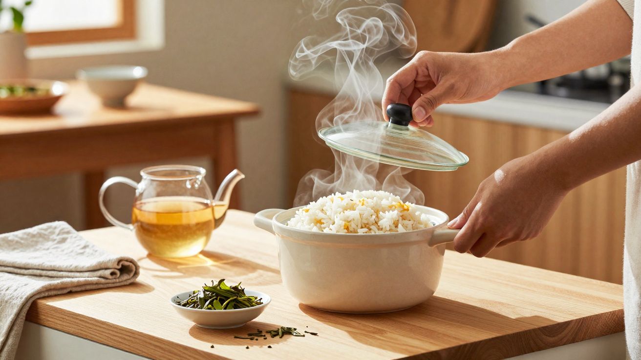 Mãos retiram tampa de panela branca com arroz fumegante sobre bancada de madeira clara na cozinha.
