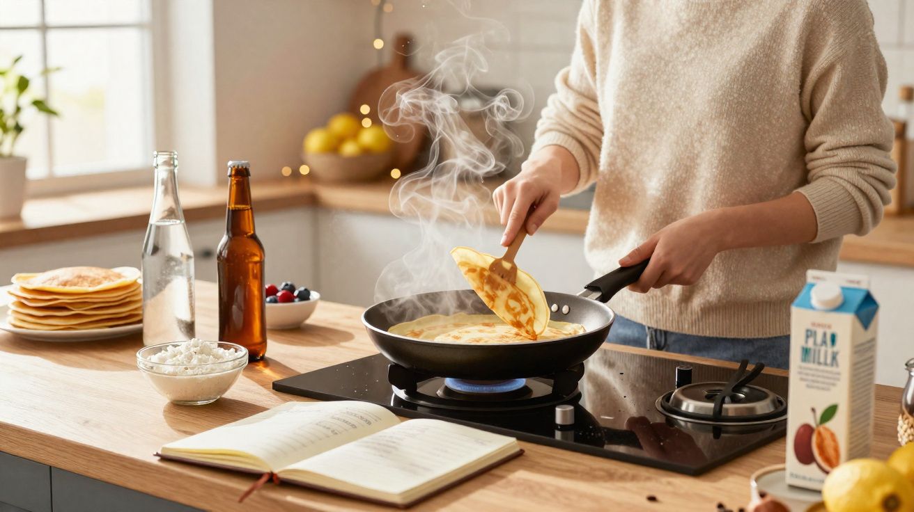 Pessoa usando espátula para virar panqueca em frigideira na cozinha iluminada e organizada.