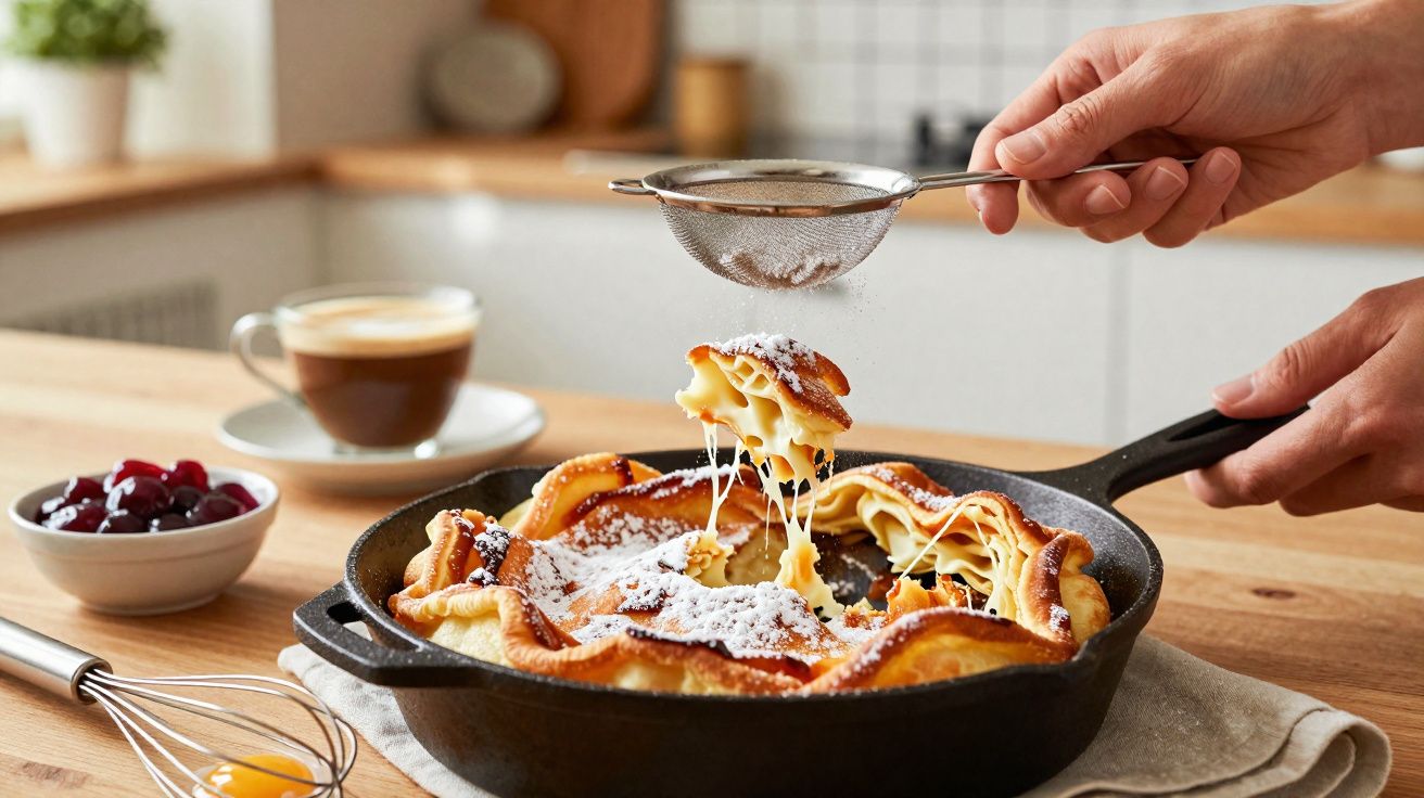 Panqueca alemã no ferro, coberta com açúcar de confeiteiro sendo polvilhado e com café ao fundo.