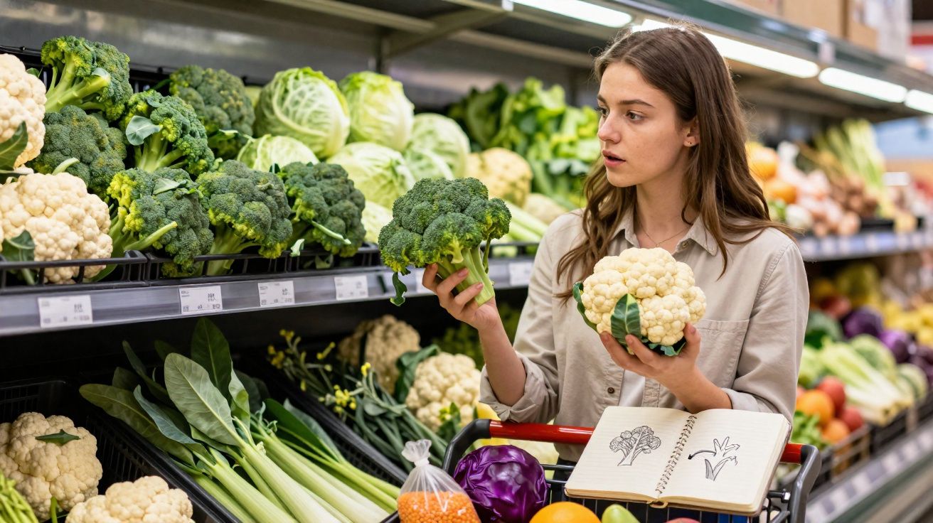 Mulher segurando brócolis e couve-flor em supermercado, comparando vegetais frescos na prateleira.
