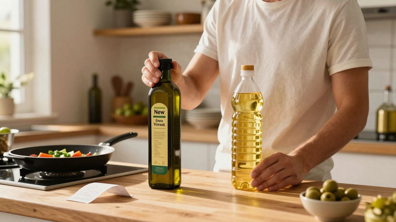 Pessoa escolhendo entre azeite e óleo para cozinhar em cozinha moderna com frigideira no fogão.