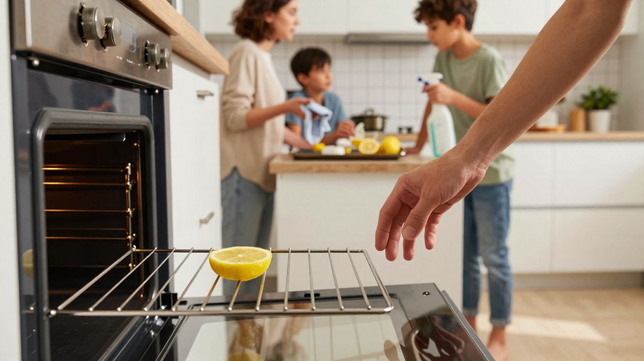 Mão colocando meio limão dentro do forno, com mulher e duas crianças ao fundo na cozinha.