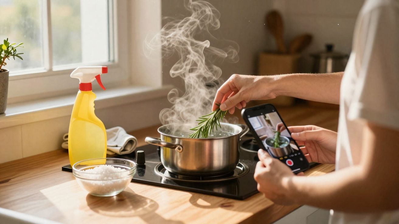 Pessoa adiciona ervas em panela no fogão enquanto grava vídeo no celular em cozinha iluminada.
