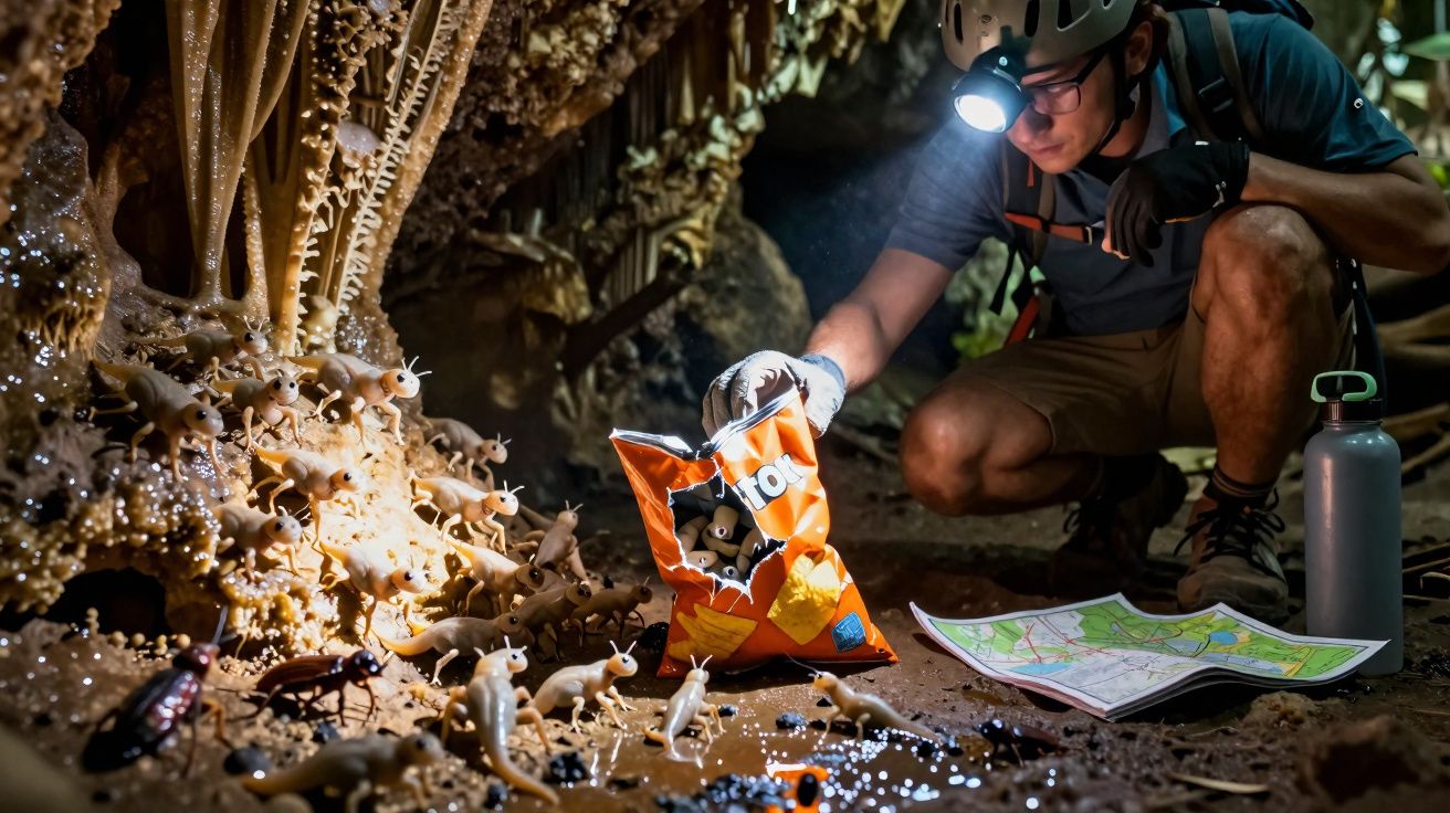 Homem explorador em caverna observando pequenos animais com lanterna e mapa aberto no chão.