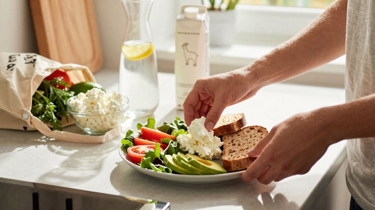Pessoa preparando prato com salada, fatias de abacate, tomate, queijo cottage e pão integral na cozinha iluminada