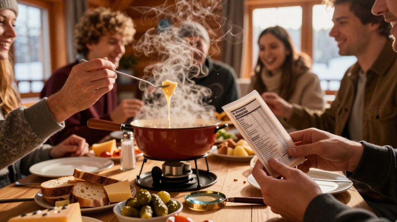 Grupo de amigos apreciando fondue em ambiente acolhedor, com queijo derretido e acompanhamentos na mesa.