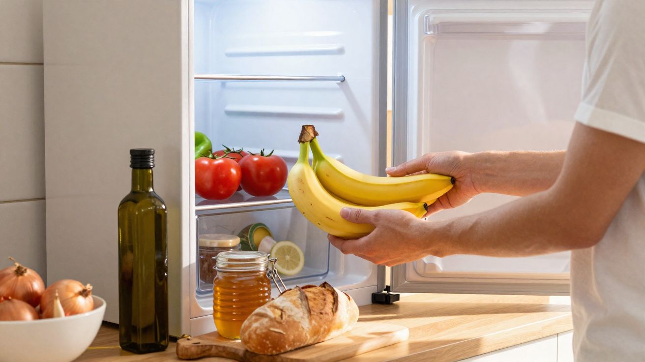 Pessoa colocando bananas na geladeira próxima a pão, mel, azeite e cebolas em bancada.
