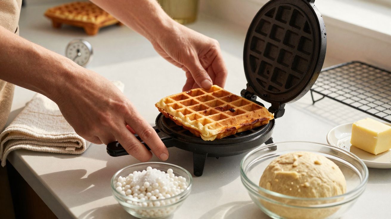 Pessoa retirando waffle dourado de máquina de waffle, com massa e ingredientes na bancada da cozinha.