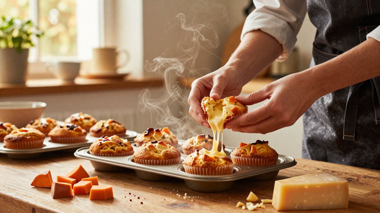Pessoa abrindo muffin quente com queijo derretido em bandeja, mesa de madeira e pedaços de queijo.