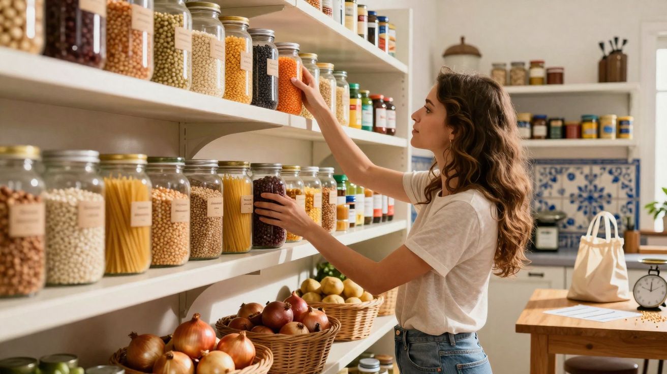 Mulher organizando potes com grãos e alimentos em prateleira de cozinha bem iluminada.