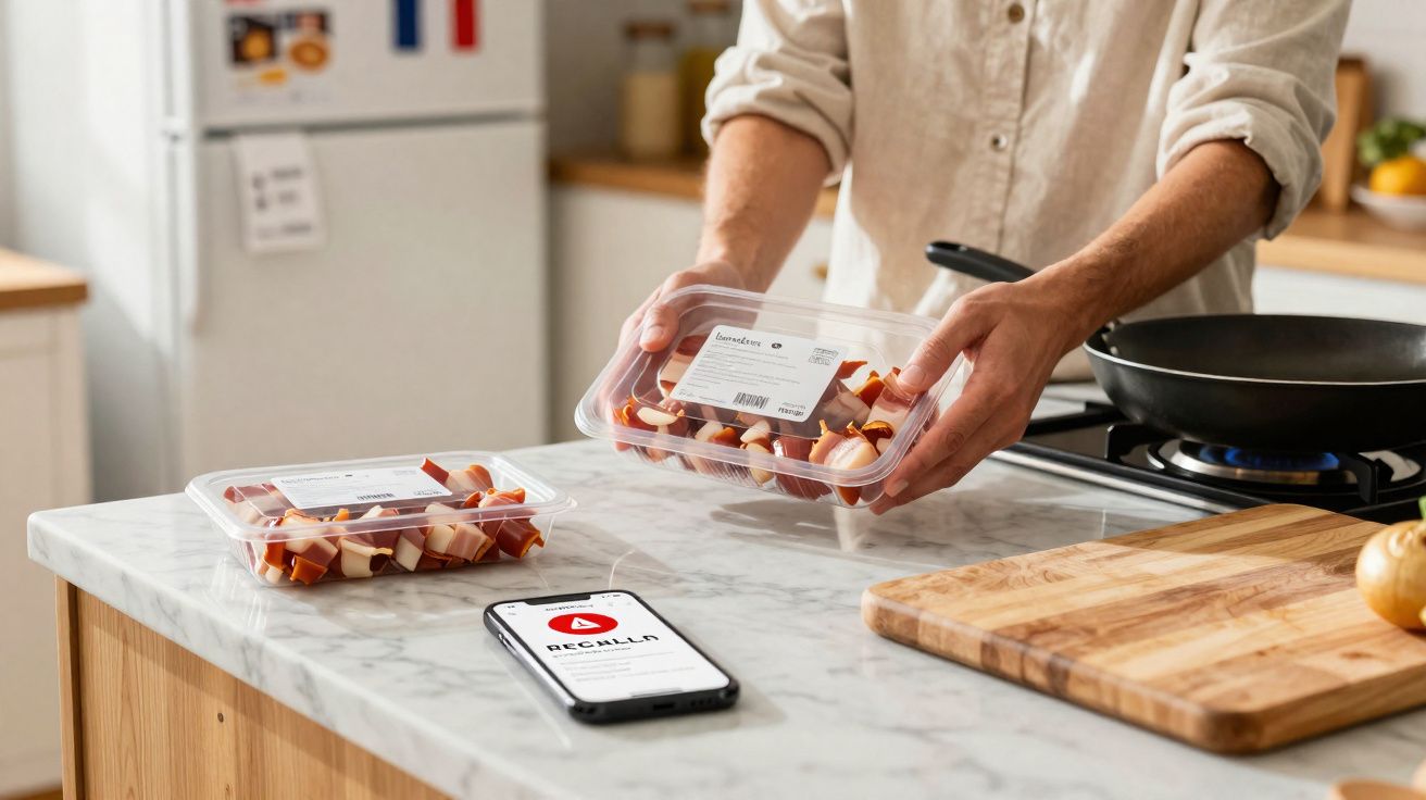 Pessoa segurando bandeja plástica com petiscos e celular com aplicativo aberto sobre bancada de cozinha.