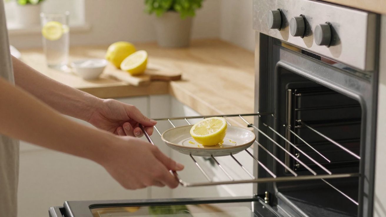 Pessoa colocando prato com limão cortado dentro de forno em cozinha moderna.